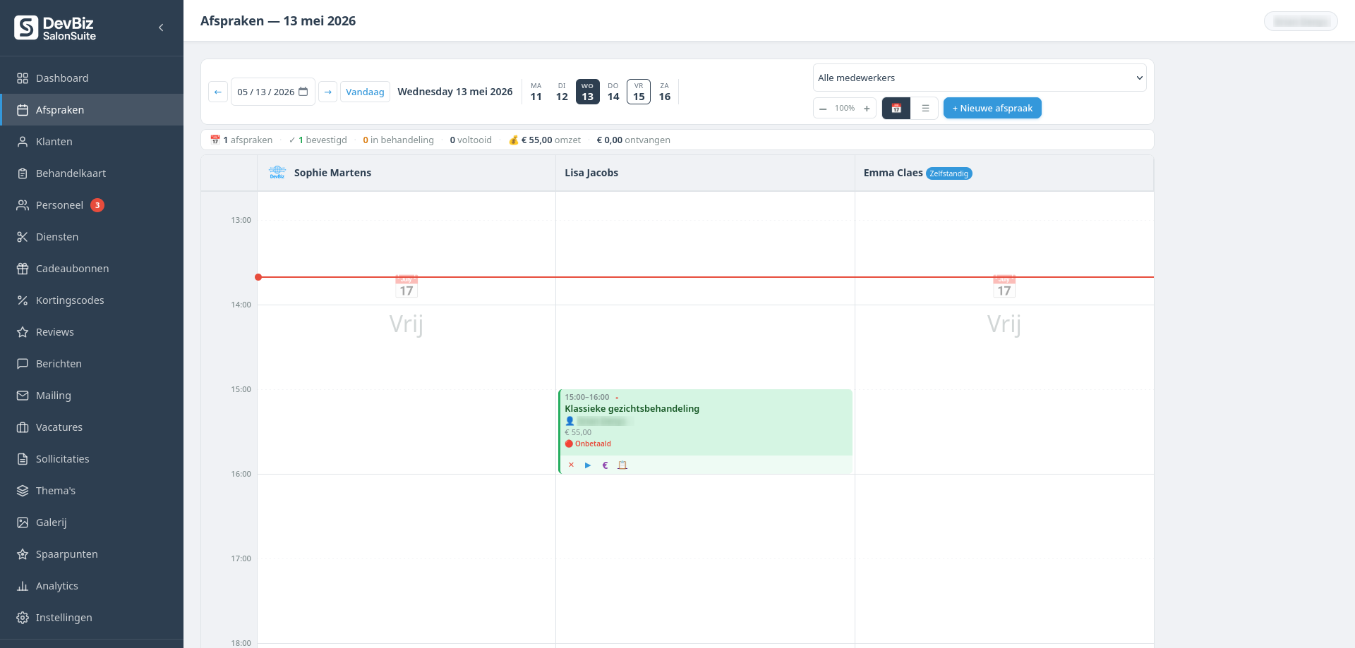 SalonSuite kalenderagenda — afspraken per medewerker per dag of week