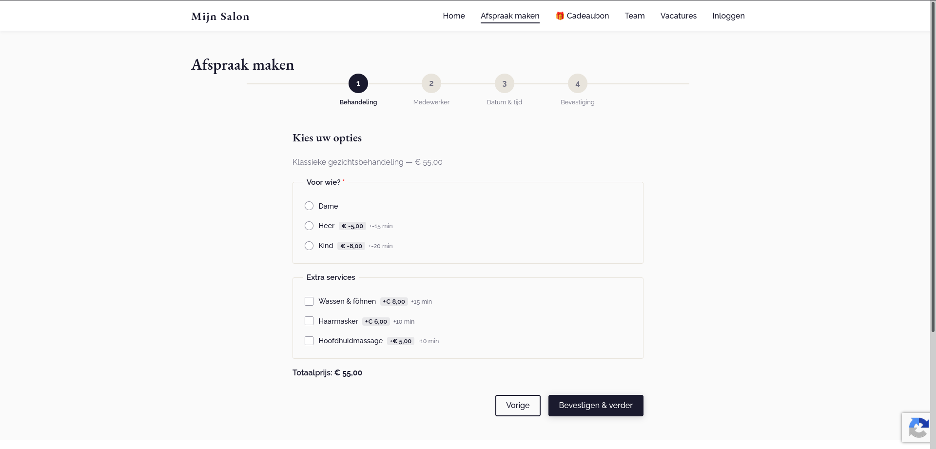 SalonSuite boekingswizard — klant kiest behandeling, medewerker en tijdstip